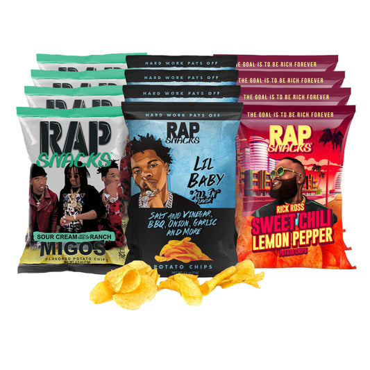 Rap Snacks – Lil Baby, Rick Ross & Migos Gevarieerde Aardappelchips Pakket (12x71g)
